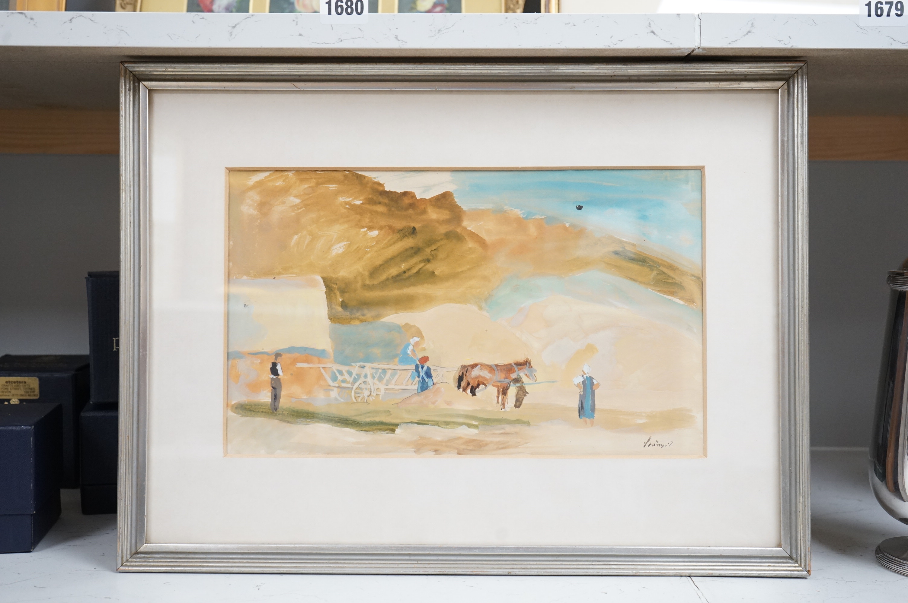 Szonyi Istvan (Hungarian, 1894-1960), pencil and watercolour, horse and wagon, signed, 19 x 32cm